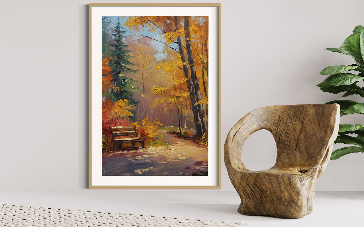 Cozy Forest Bench in Autumn – Hand-Painted Fall Scene