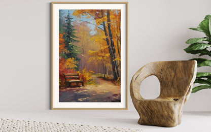 Cozy Forest Bench in Autumn – Hand-Painted Fall Scene