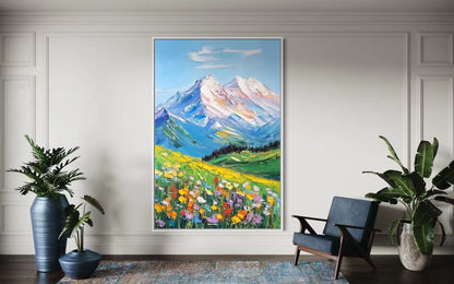 Alpine Wildflowers and Snow-Capped Peaks - Mountain Landscape Art