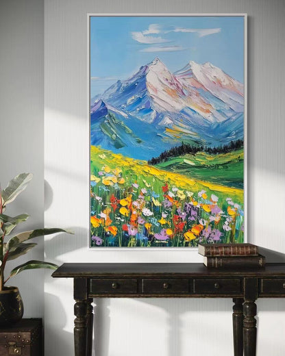 Alpine Wildflowers and Snow-Capped Peaks - Mountain Landscape Art