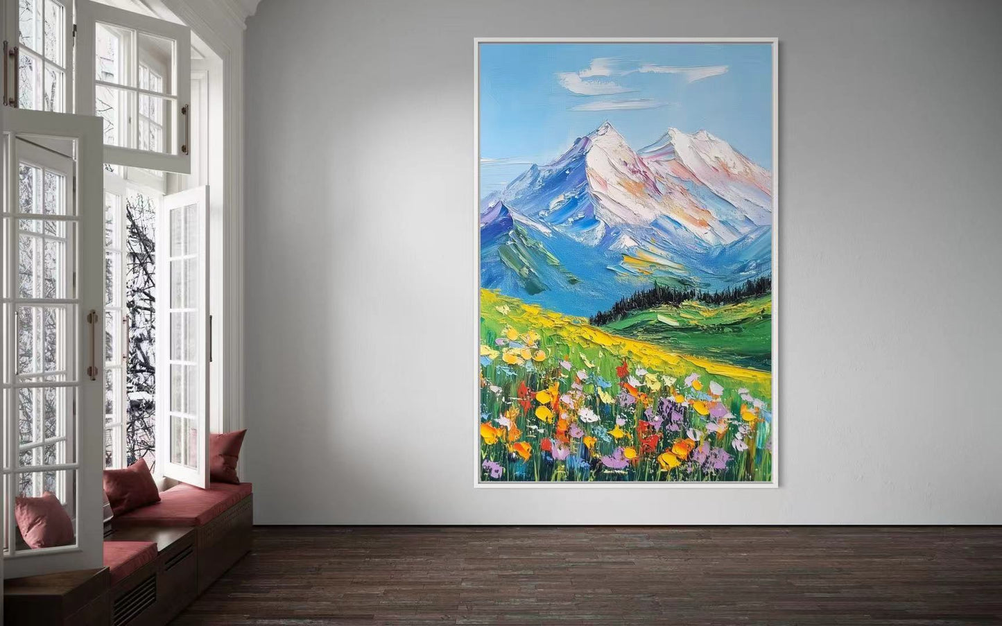 Alpine Wildflowers and Snow-Capped Peaks - Mountain Landscape Art