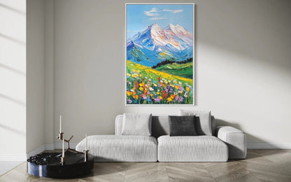 Alpine Wildflowers and Snow-Capped Peaks - Mountain Landscape Art