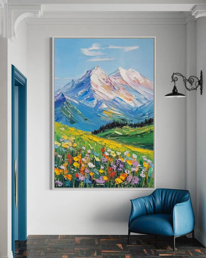 Alpine Wildflowers and Snow-Capped Peaks - Mountain Landscape Art