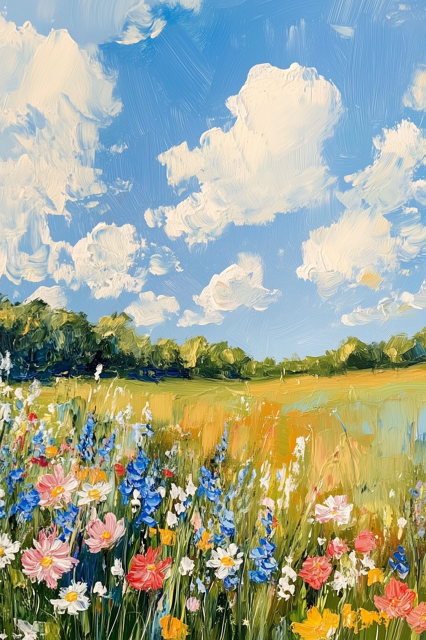 Summer Sky and Blooming Meadow - Vibrant Landscape Painting