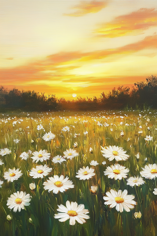 Golden Sunset Over Daisy Field - Blooming Wildflower Landscape Painting