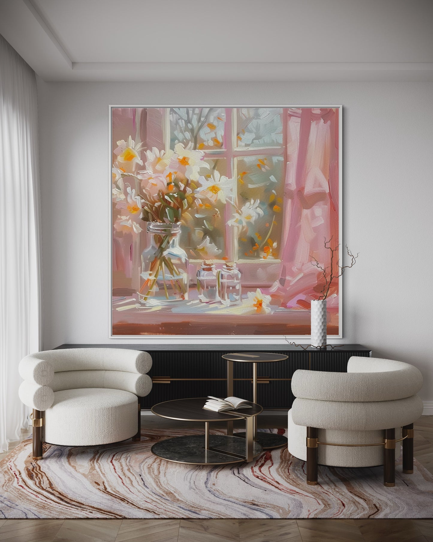 Romantic Sunlit Daffodils with Pink Curtains: Oil Painting for Bedroom Decor