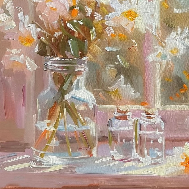 Romantic Sunlit Daffodils with Pink Curtains: Oil Painting for Bedroom Decor