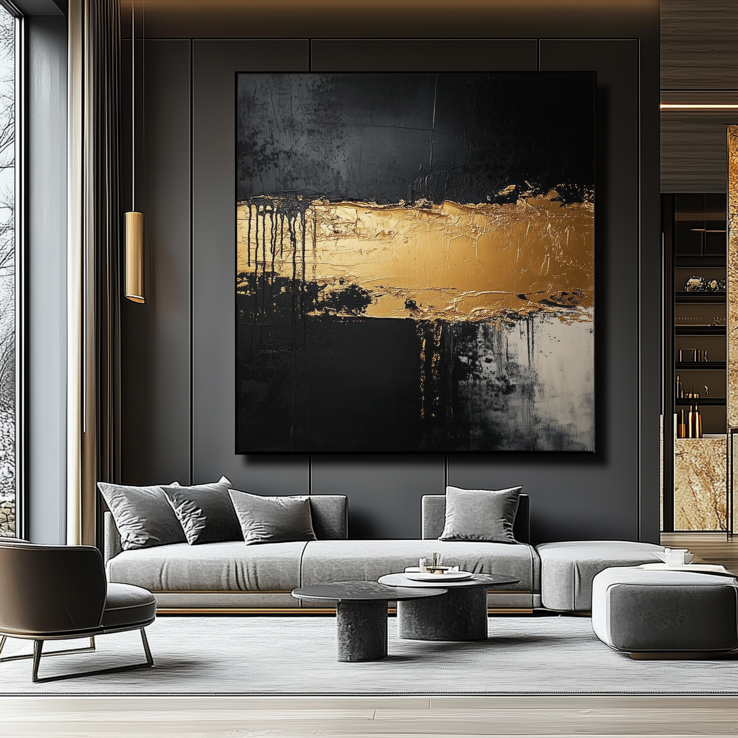 Golden Horizon – Dramatic Black and Gold Abstract Oil Painting