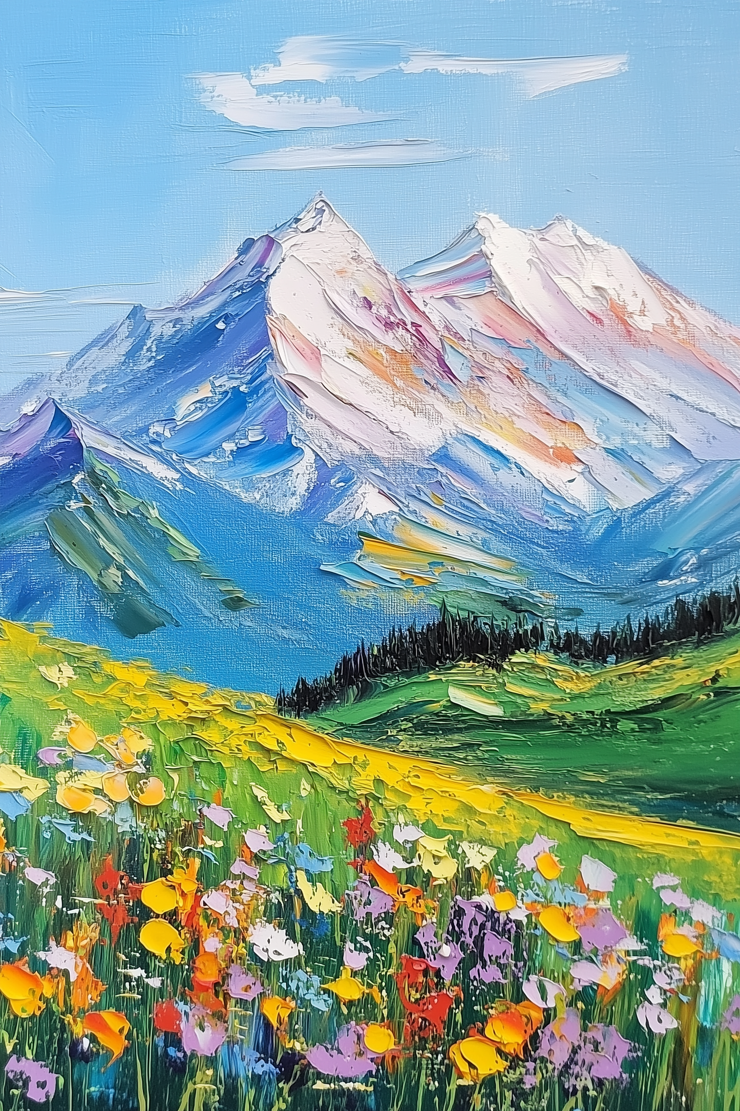 Alpine Wildflowers and Snow-Capped Peaks - Mountain Landscape Art