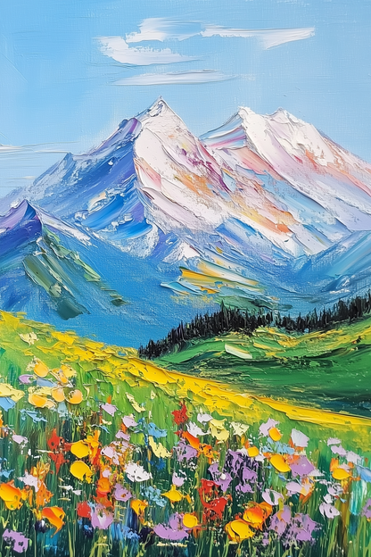 Alpine Wildflowers and Snow-Capped Peaks - Mountain Landscape Art