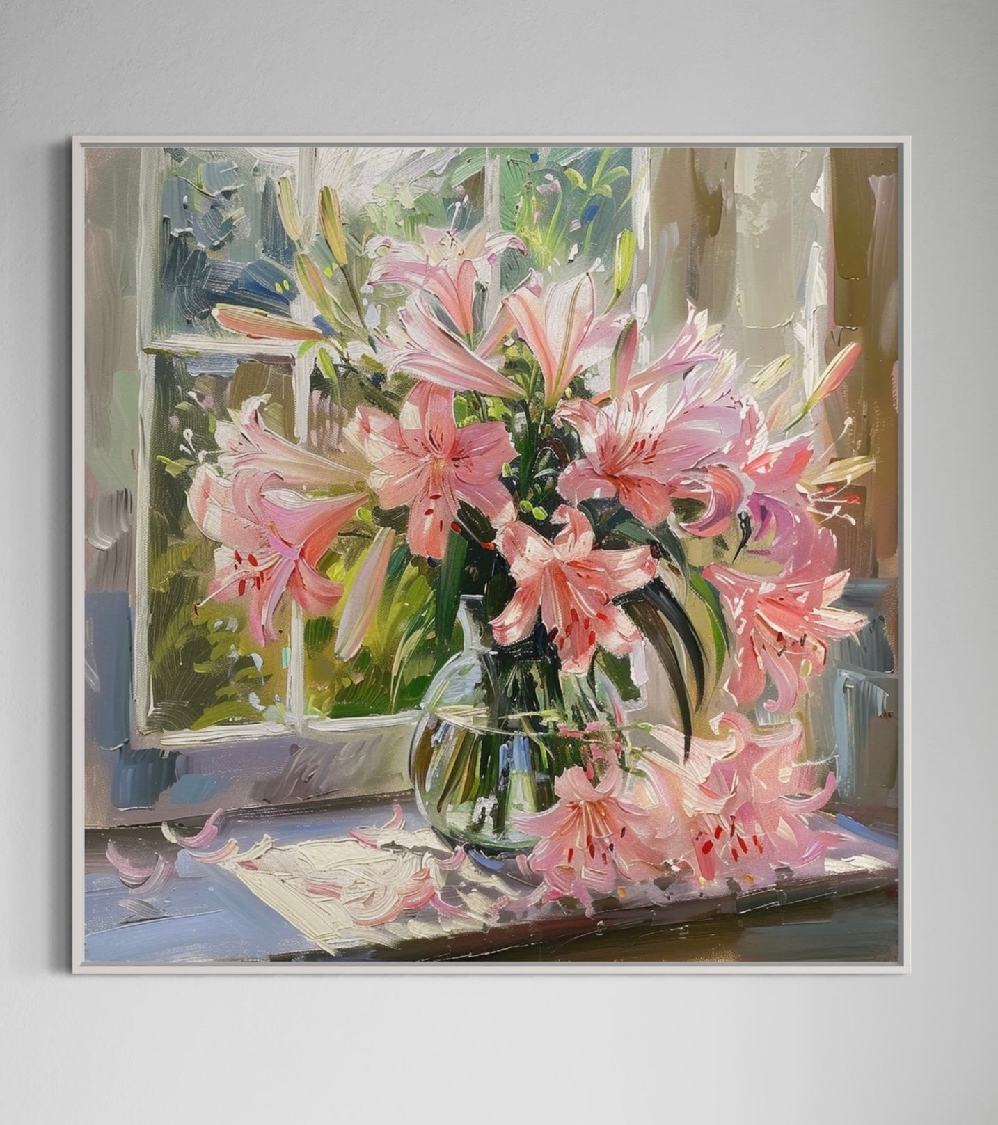 Vibrant Pink Lilies Bouquet - Window Still Life Artwork