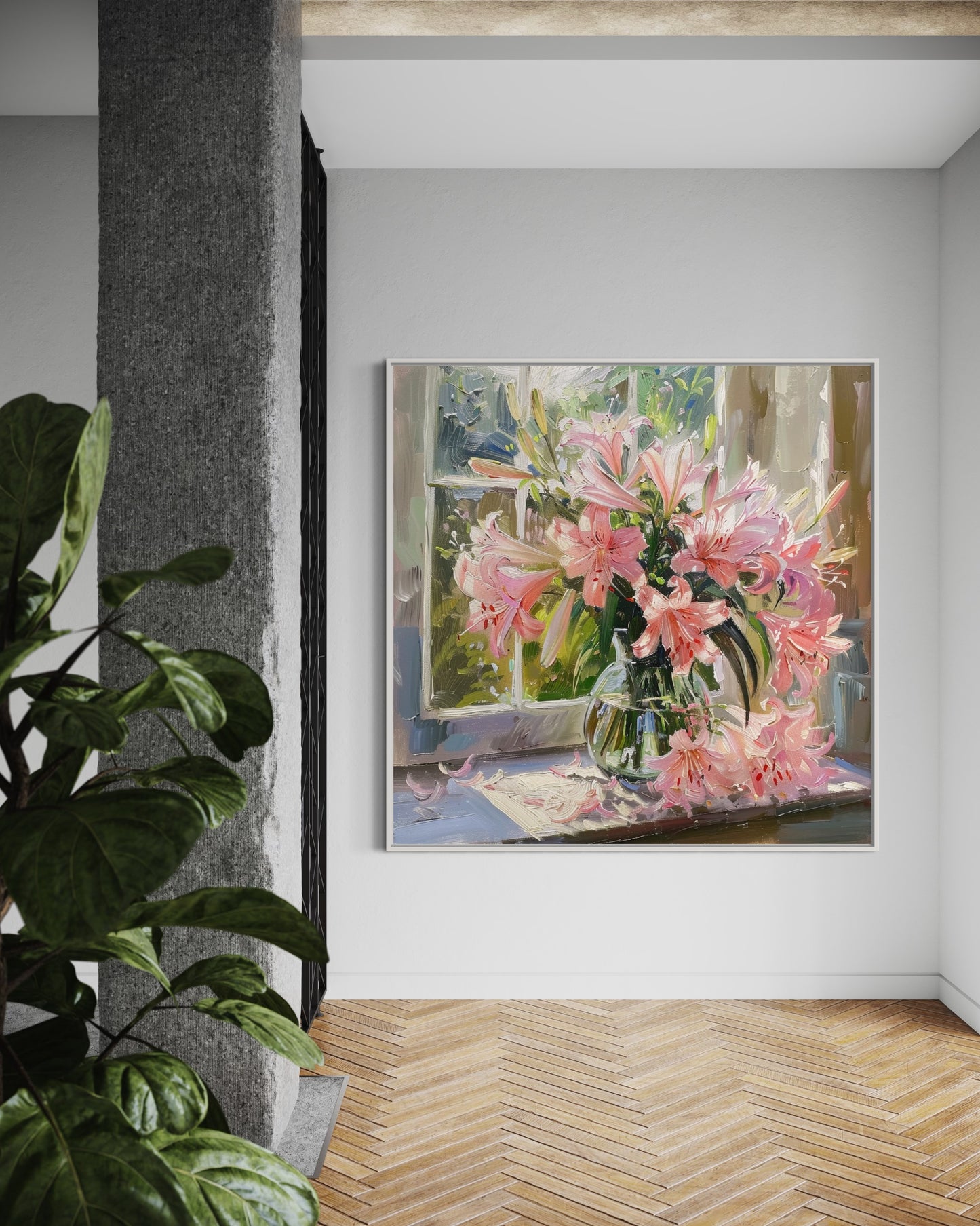 Pink Lilies in Sunlit Window - Elegant Floral Oil Painting