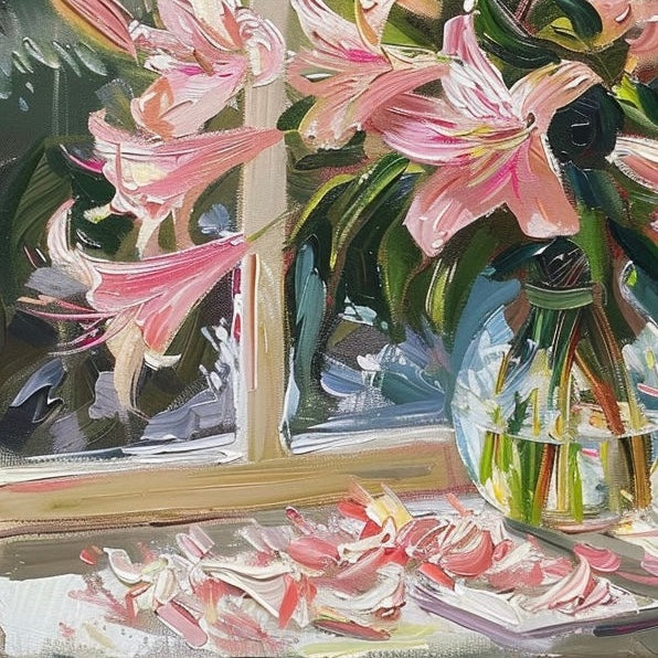 Pink Lilies in Sunlit Window - Elegant Floral Oil Painting