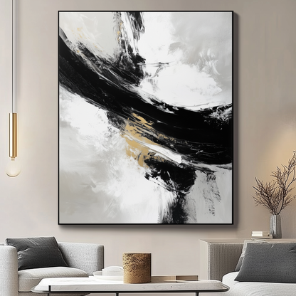 Bold Black and White Brush Strokes – Minimalist Abstract Oil Painting