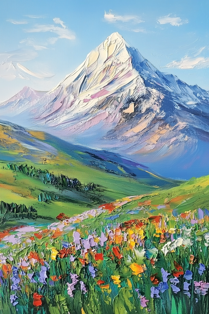 Majestic Mountain Meadow in Full Bloom - Scenic Nature Painting