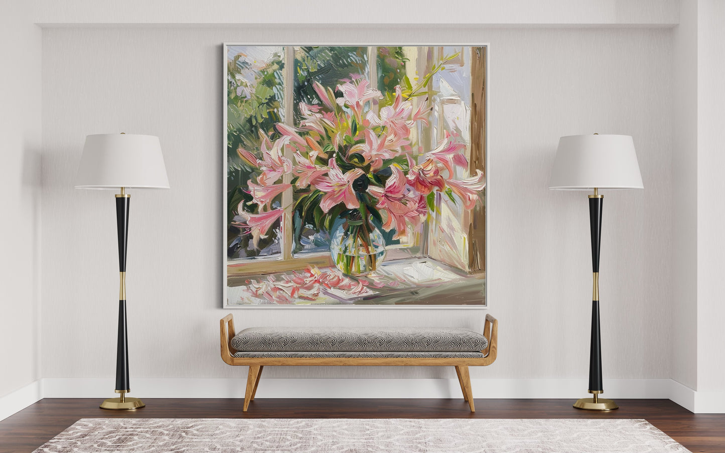 Pink Lilies in Sunlit Window - Elegant Floral Oil Painting