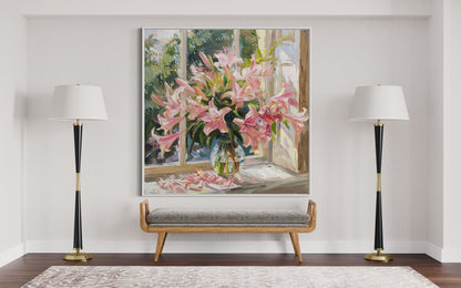 Pink Lilies in Sunlit Window - Elegant Floral Oil Painting