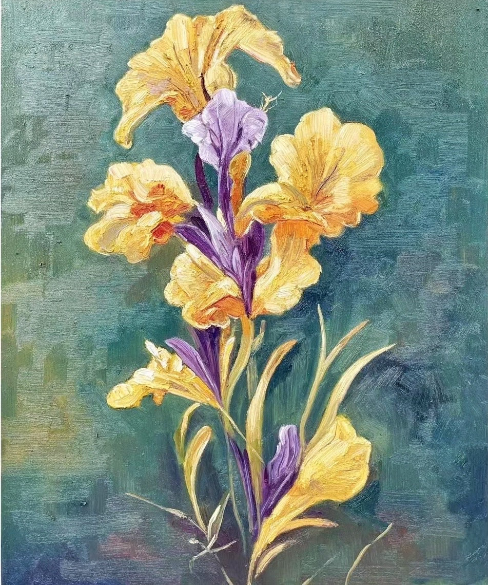 Original Yellow with Purple Flower Still Life Realistic Oil Painting on Canvas Home Decor