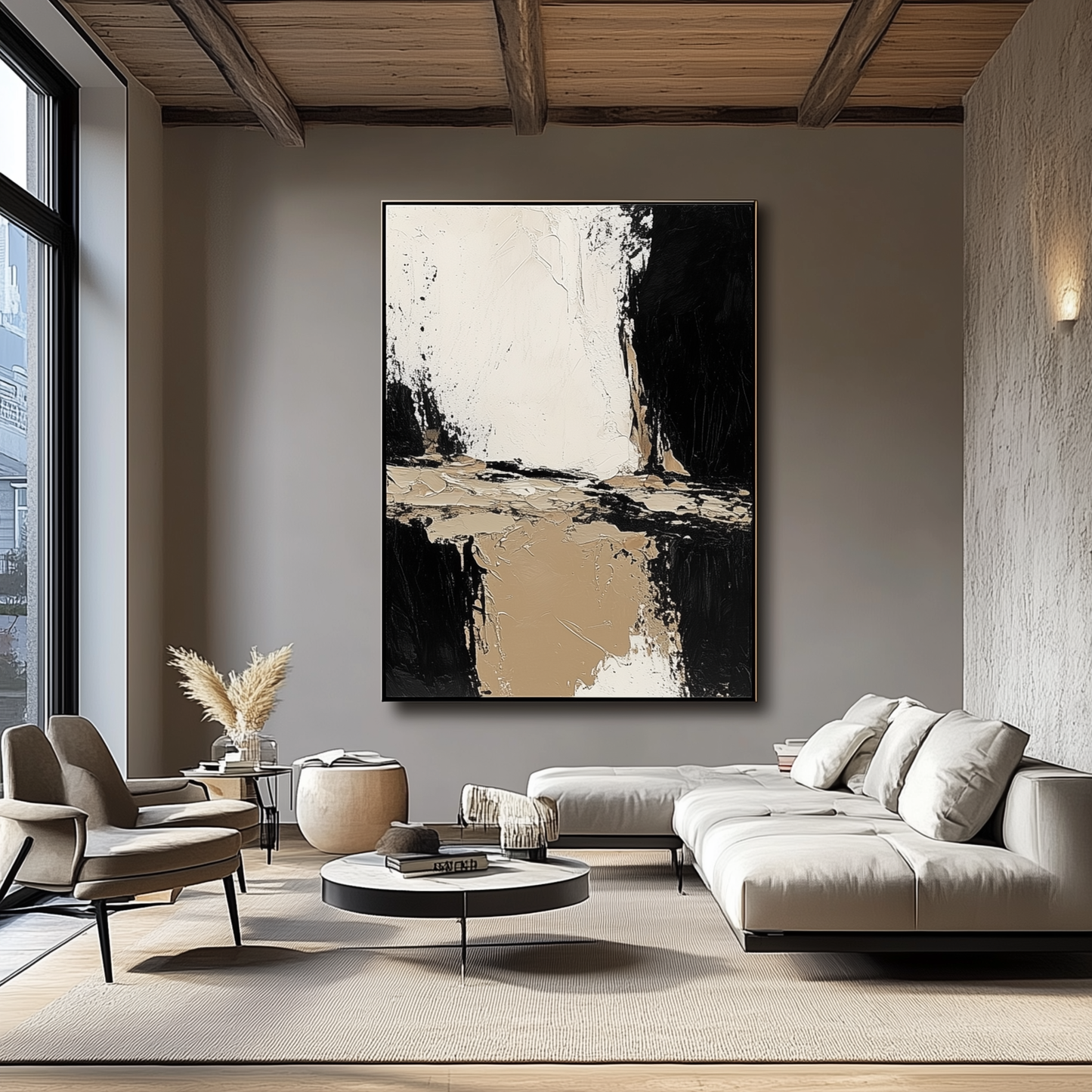 Textured Beige and Black Abstract – Modern Oil Painting for Neutral Decor