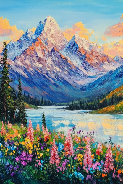 Sunset Over Floral Meadow and Mountains - Serene Landscape Oil Art