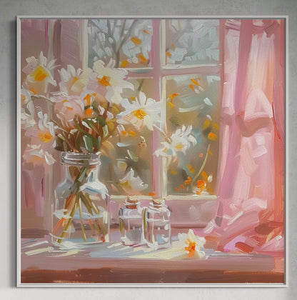 Romantic Sunlit Daffodils with Pink Curtains: Oil Painting for Bedroom Decor