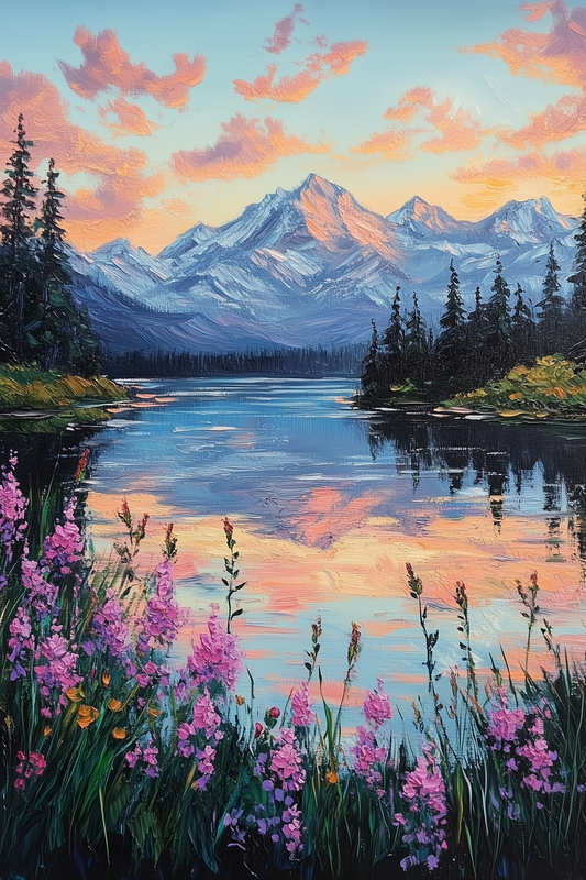 Golden Hour in the Mountain Valley - Nature Reflection Painting