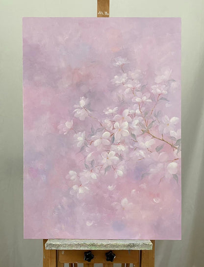 Soft Pink Floral Oil Painting - Hand-Painted Blossoms on Canvas