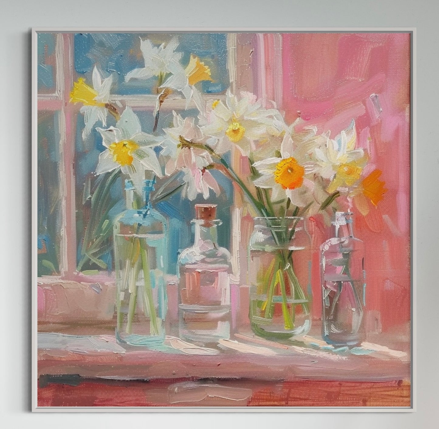 Springtime Daffodils in Glass Bottles: Sunlit Floral Oil Painting for Modern Wall Decor