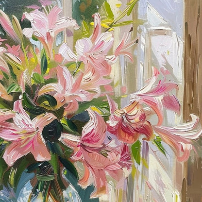 Pink Lilies in Sunlit Window - Elegant Floral Oil Painting