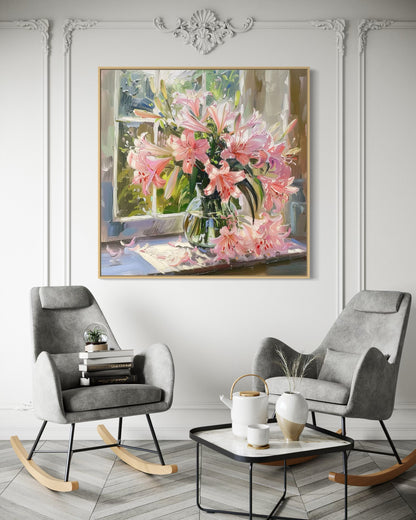 Vibrant Pink Lilies Bouquet - Window Still Life Artwork