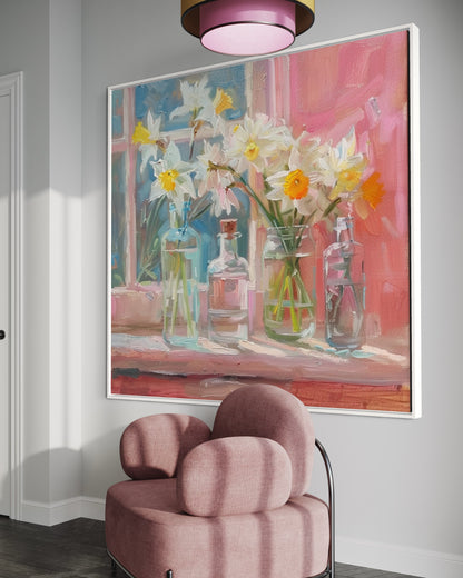 Springtime Daffodils in Glass Bottles: Sunlit Floral Oil Painting for Modern Wall Decor