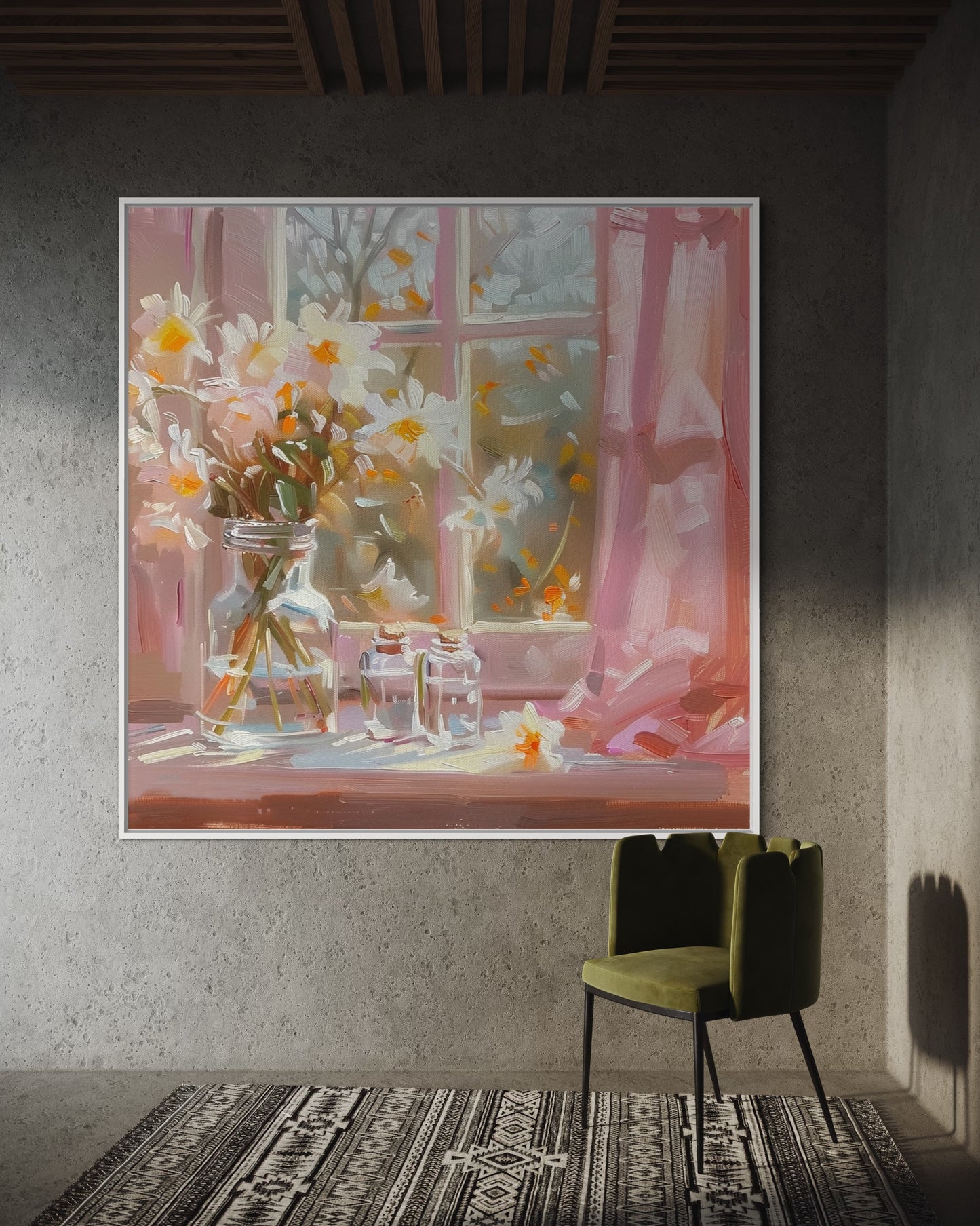 Romantic Sunlit Daffodils with Pink Curtains: Oil Painting for Bedroom Decor