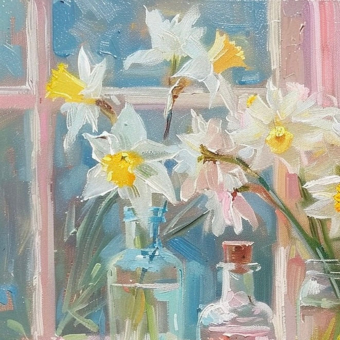 Springtime Daffodils in Glass Bottles: Sunlit Floral Oil Painting for Modern Wall Decor