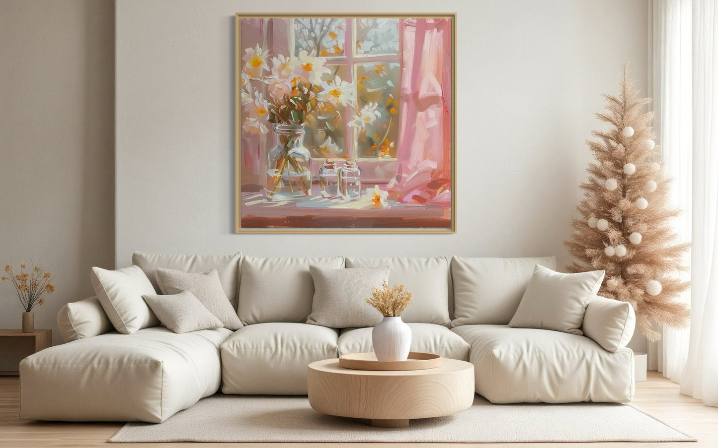 Romantic Sunlit Daffodils with Pink Curtains: Oil Painting for Bedroom Decor