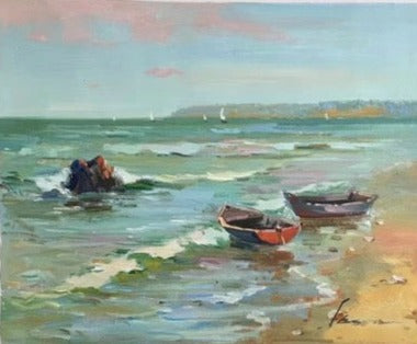 Serene Coastal Boats Oil Painting