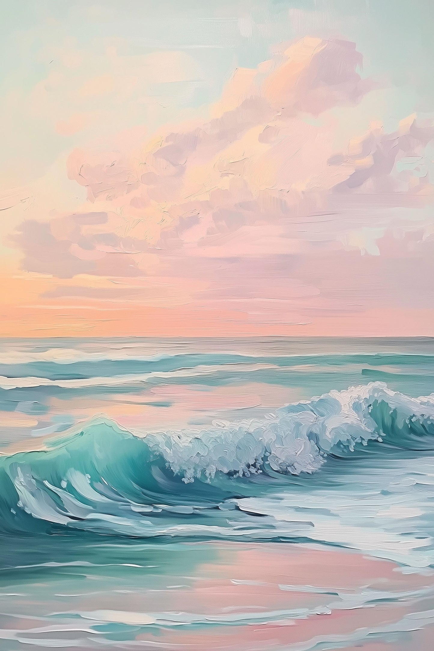 Golden Sunset Over Waves - Serene Ocean Painting with Soft Hues