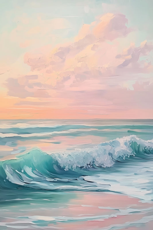 Golden Sunset Over Waves - Serene Ocean Painting with Soft Hues