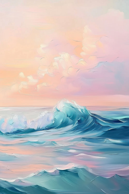 Pink Skies and Ocean Waves - Dreamy Coastal Oil Painting