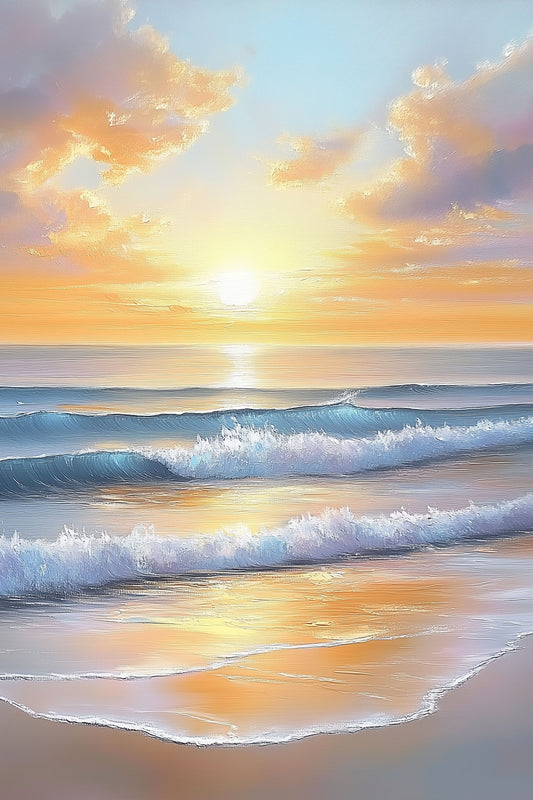 Sunlit Ocean Waves - Luminous Beach Sunrise Painting