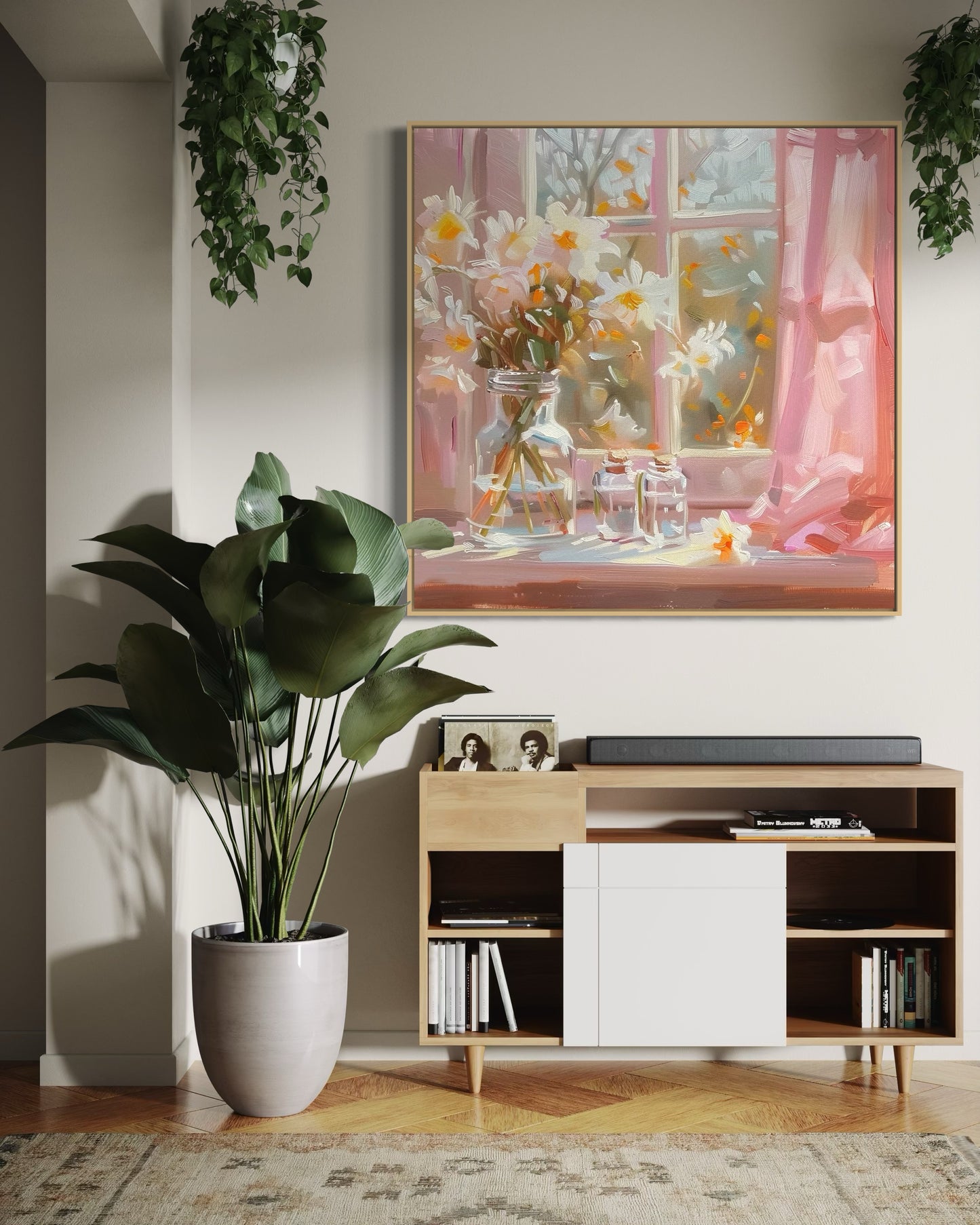 Romantic Sunlit Daffodils with Pink Curtains: Oil Painting for Bedroom Decor