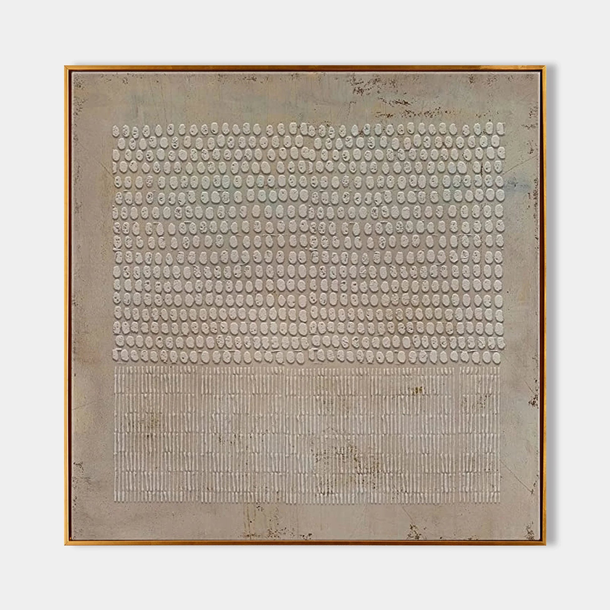 Minimalist Wabi-Sabi textured artwork displayed in modern living room.