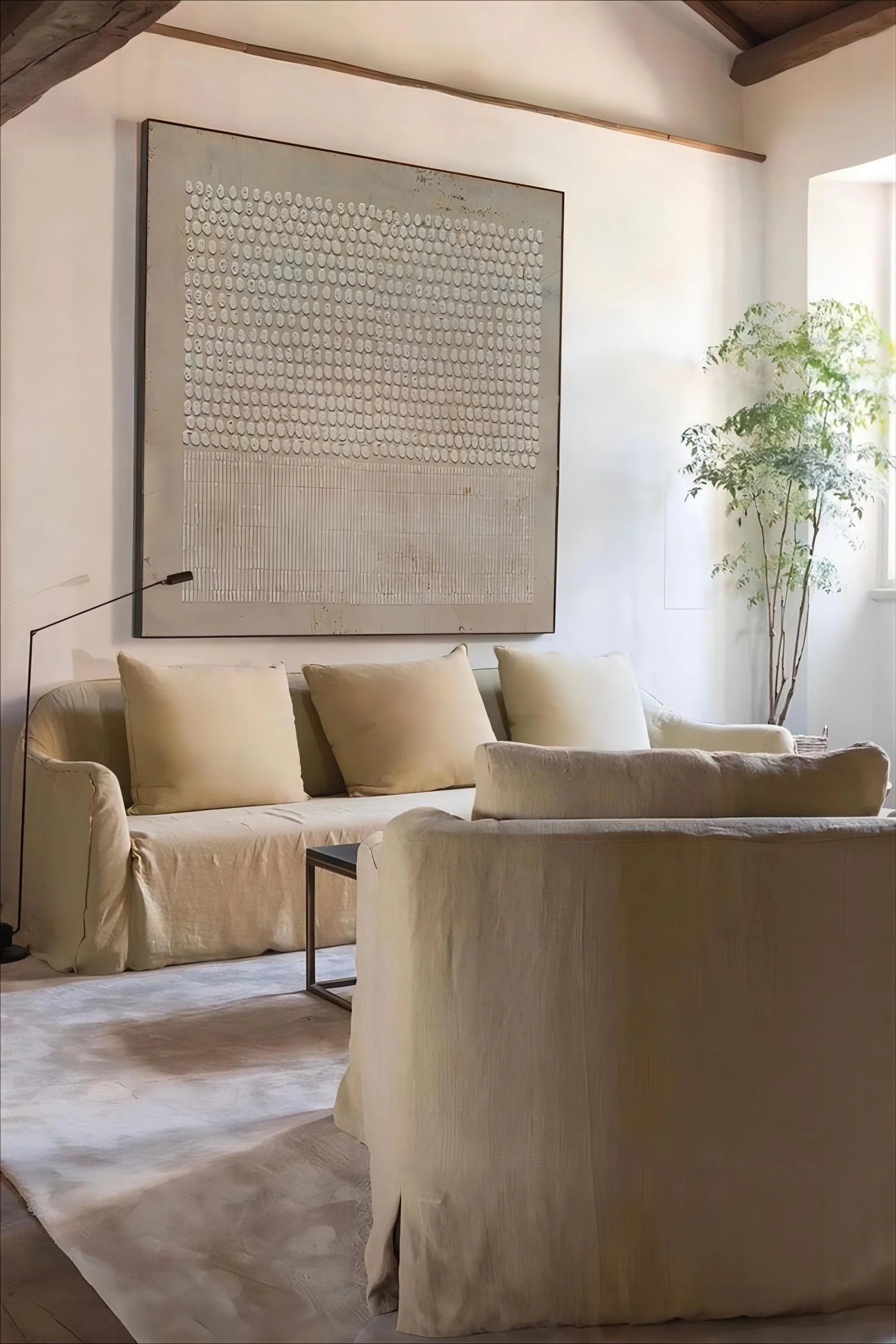 Handcrafted Wabi-Sabi painting adding calm to modern home decor.