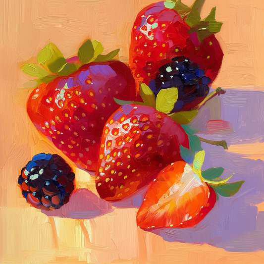 Vibrant Hand-Painted Strawberry & Blackberry Still Life Art | Juicy Fruit Oil Painting on Canvas | Bold Colors for Kitchen Decor | Wall Art