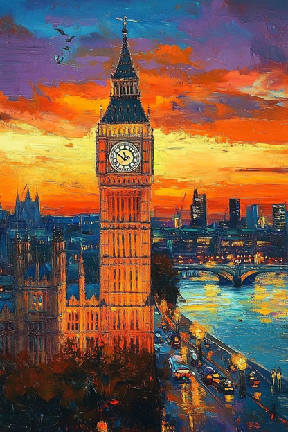 Big Ben at Sunset – London Icon in Bold Oil Painting for Classic Decor