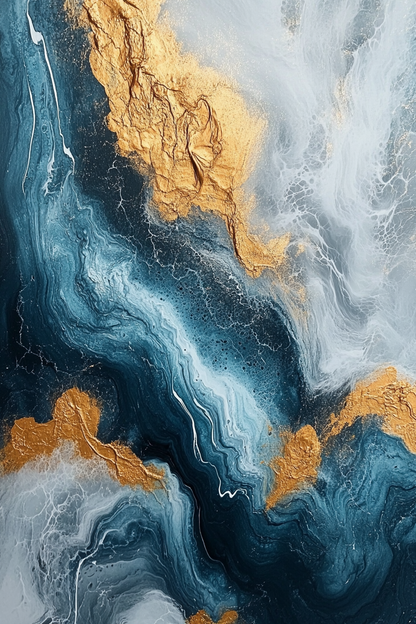 Blue and Gold Abstract Art - Modern Fluid Painting