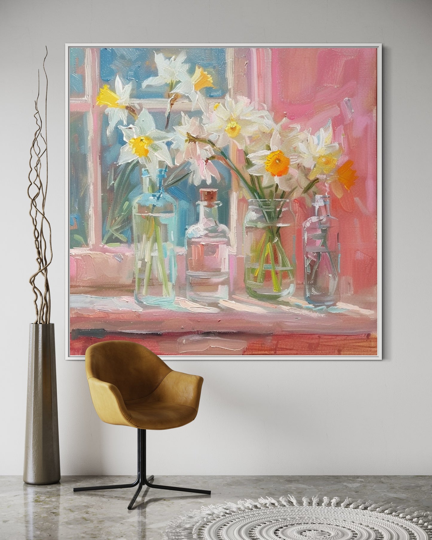 Springtime Daffodils in Glass Bottles: Sunlit Floral Oil Painting for Modern Wall Decor