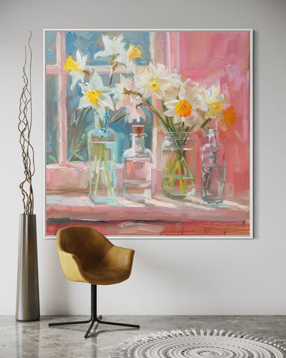 Springtime Daffodils in Glass Bottles: Sunlit Floral Oil Painting for Modern Wall Decor