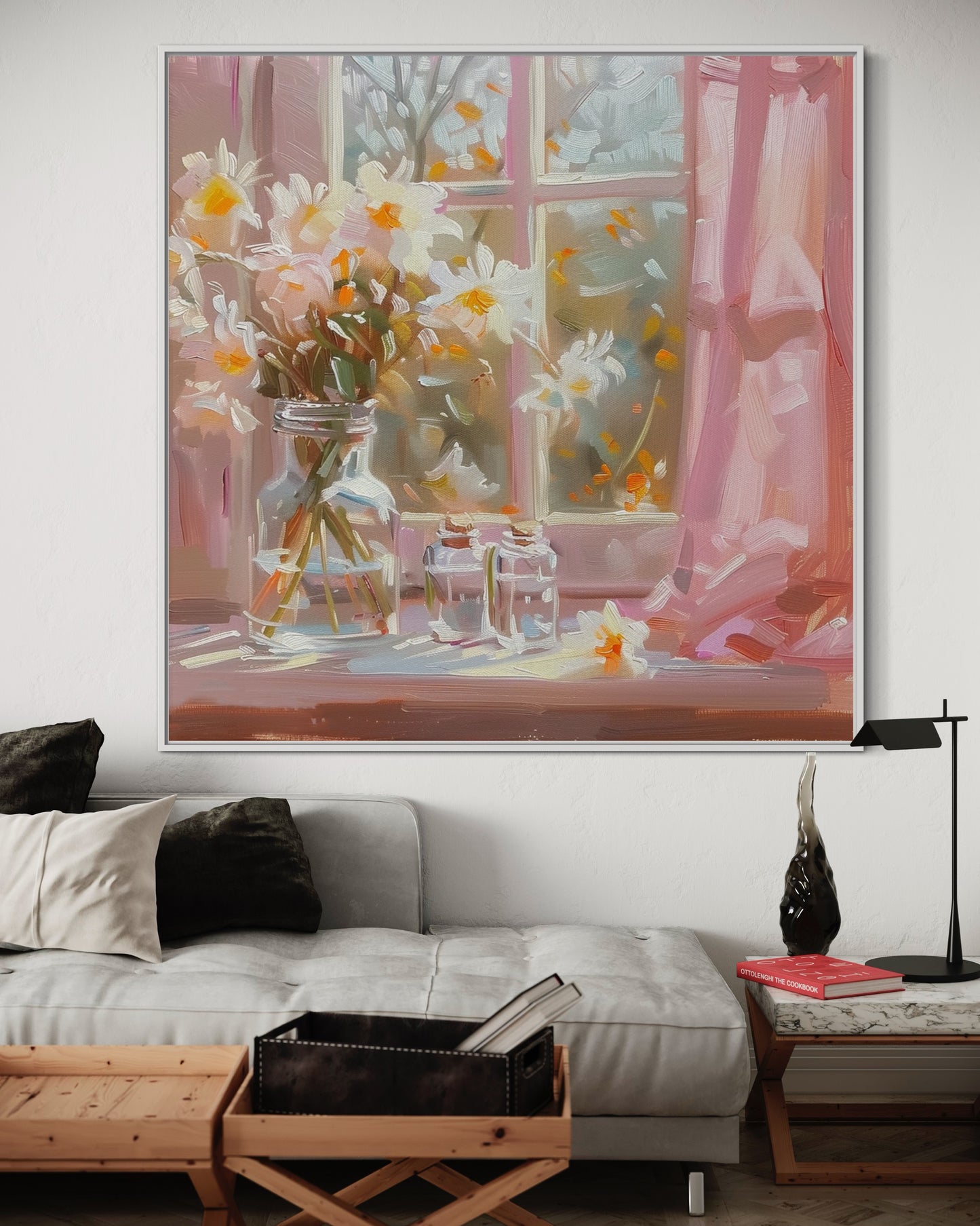 Romantic Sunlit Daffodils with Pink Curtains: Oil Painting for Bedroom Decor