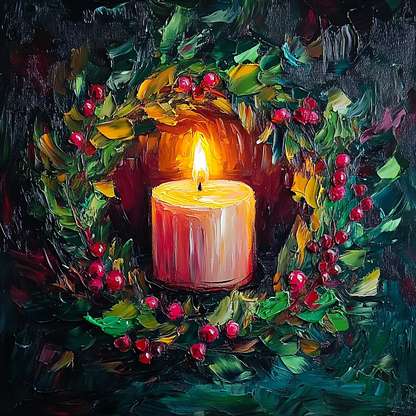 Candlelight Holly Christmas Art - Cozy Holiday Candle Painting