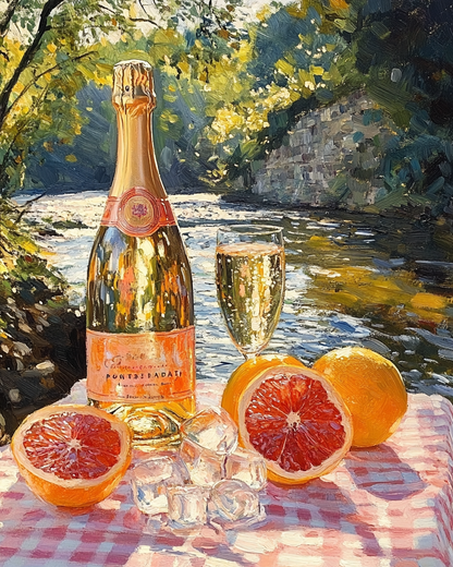 Champagne & Citrus by the River – Refreshing Summer Still Life Oil Painting